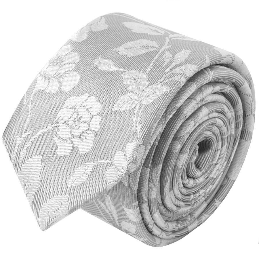 Silver with White Floral Silk Skinny Tie and Pocket Square Set