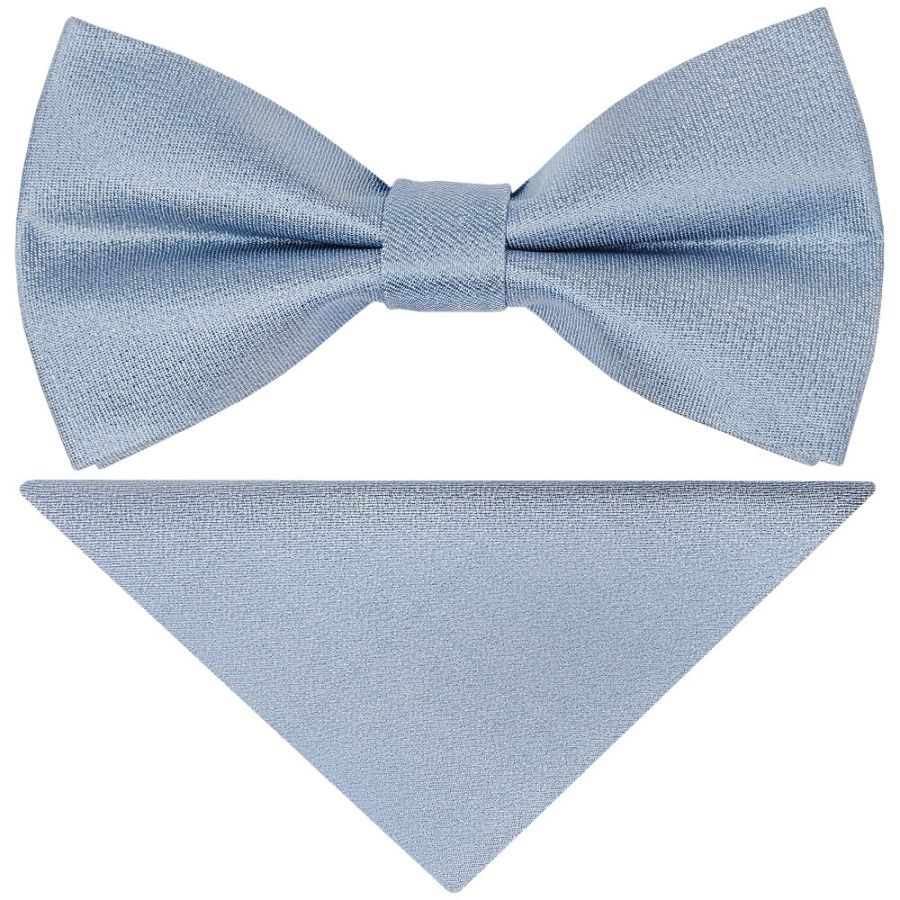 Pre Tied Dusty Blue Silk Boys Bow Tie and Pocket Square Set Age 4-7