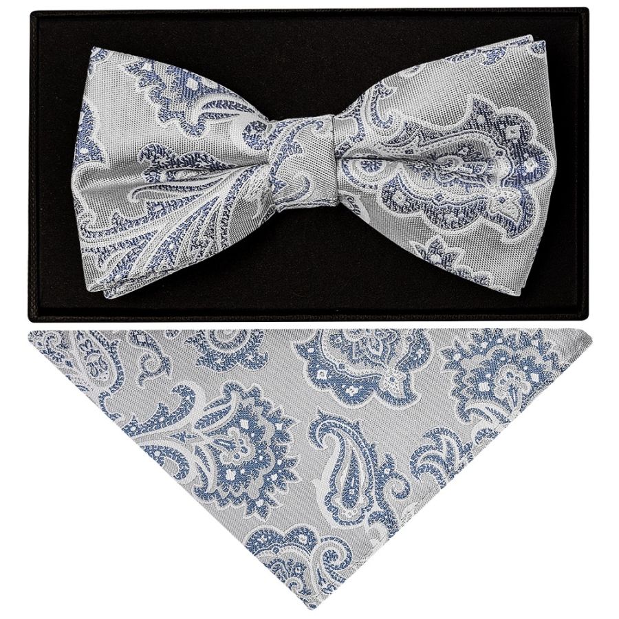 Silver and Blue Paisley Handmade Mens Bow Tie and Pocket Square Set