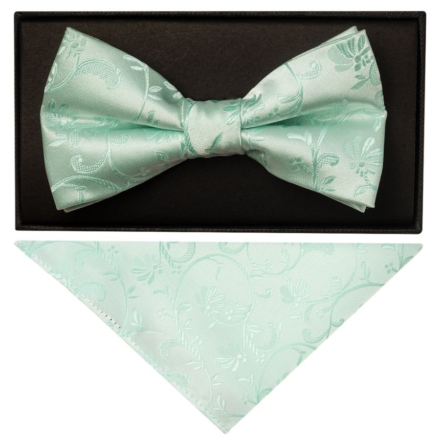 Mint Green Floral Handmade Mens Bow Tie and Pocket Square Set