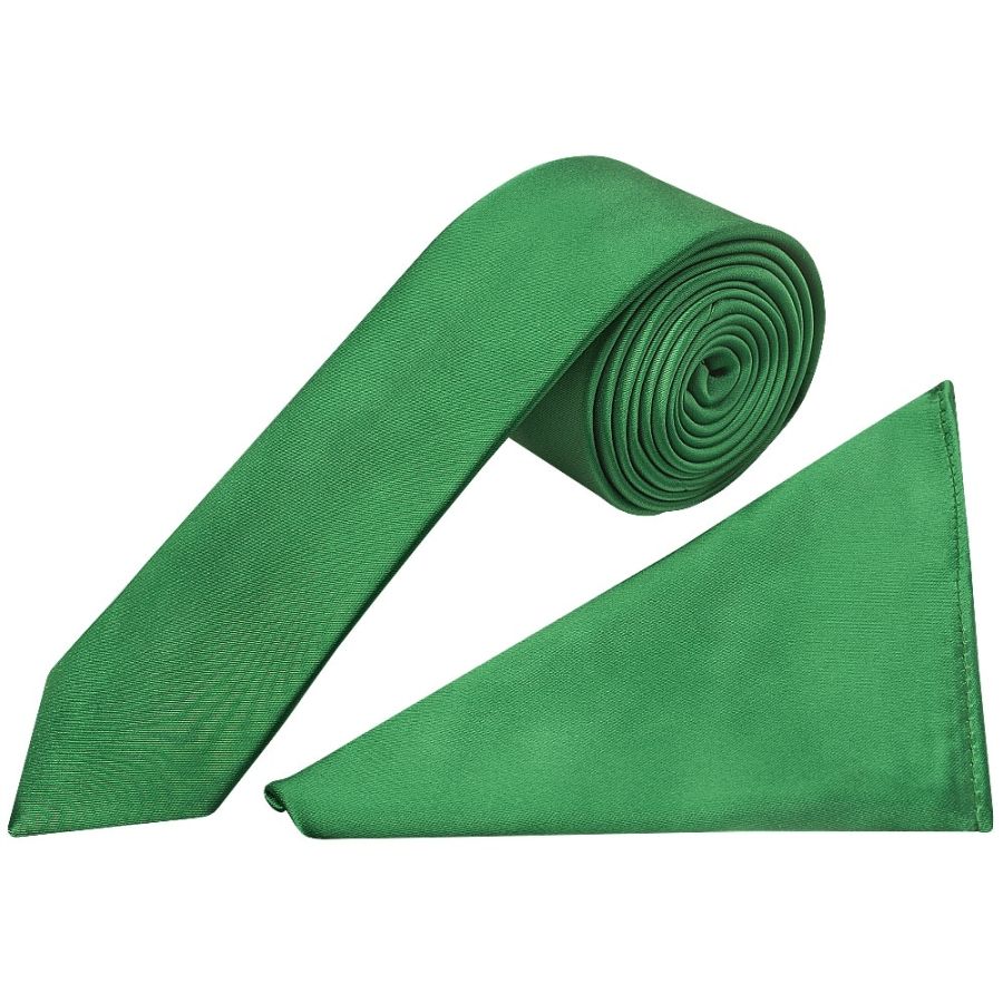 Plain Emerald Green Satin Boys Tie and Pocket Square Set