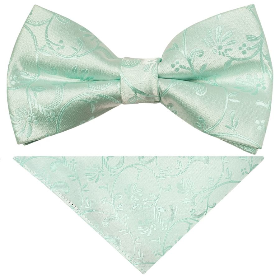 Pre Tied Mint Green Floral Boys Bow Tie and Pocket Square Set