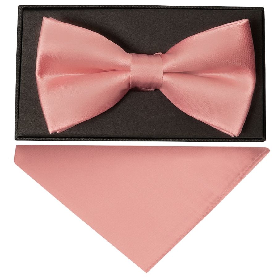 Plain Pink Satin Silk Mens Bow Tie and Pocket Square Set
