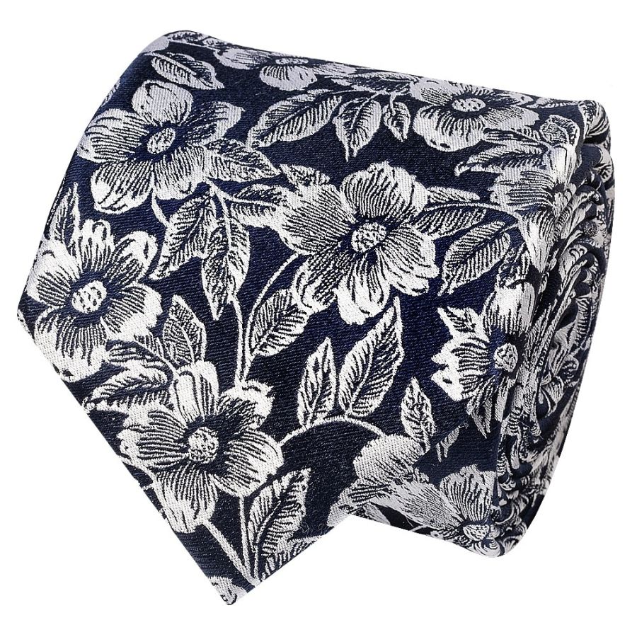 Mens Navy Floral Silk Classic Tie and Pocket Square