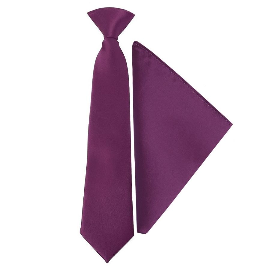 Pre Tied Plum Satin Boys Tie and Pocket Square Set Age 4-7