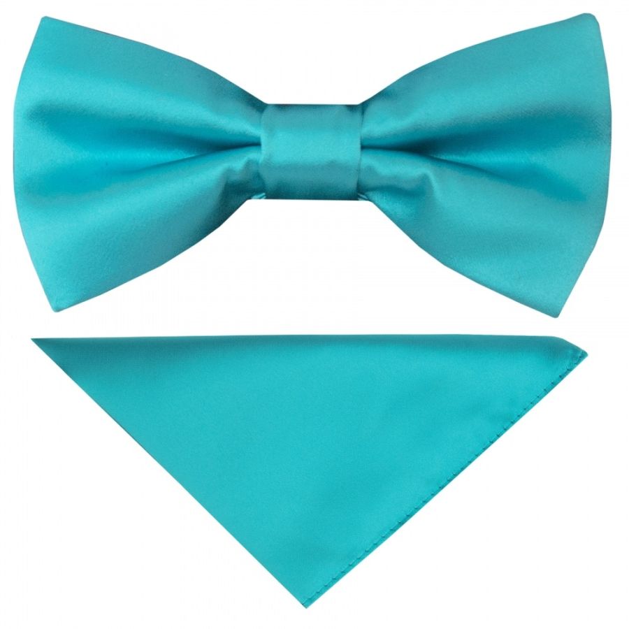 Pre Tied Turquoise Satin Boys Bow Tie and Pocket Square Set