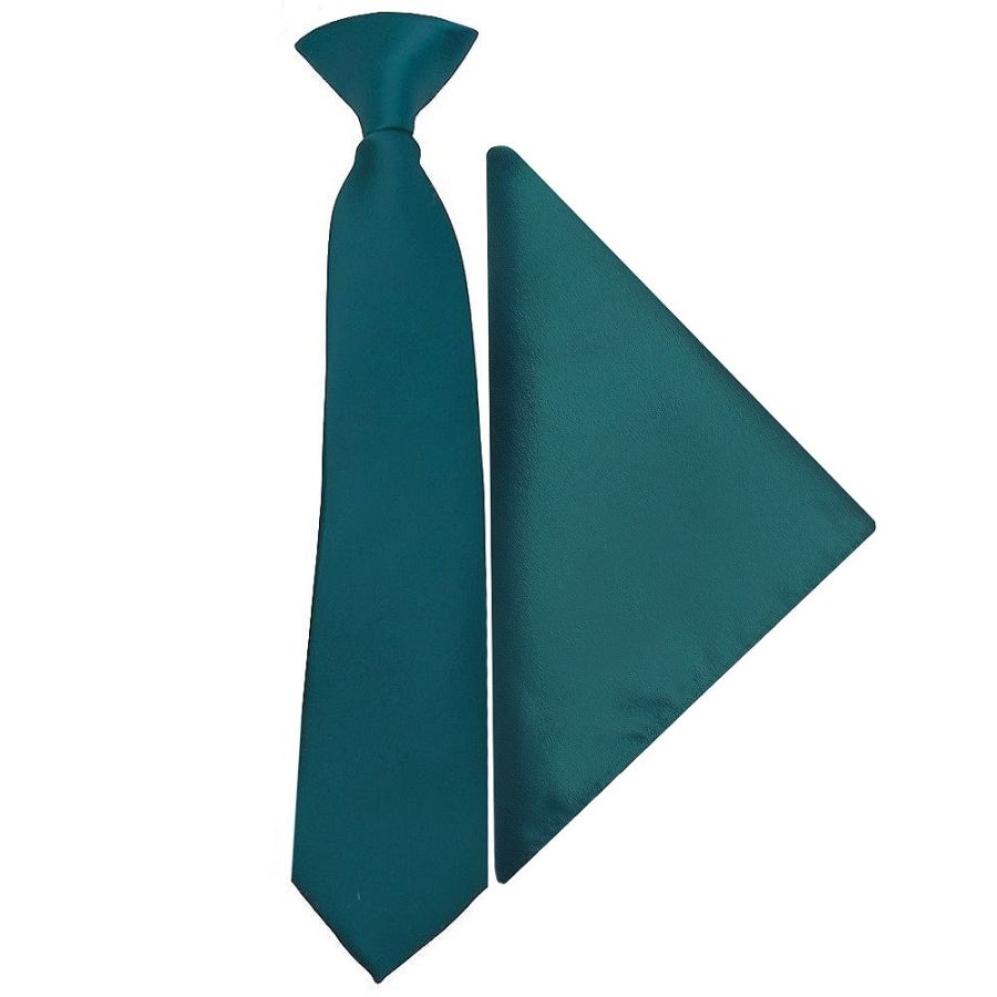 Pre Tied Dark Teal Satin Boys Tie and Pocket Square Set Age 4-7