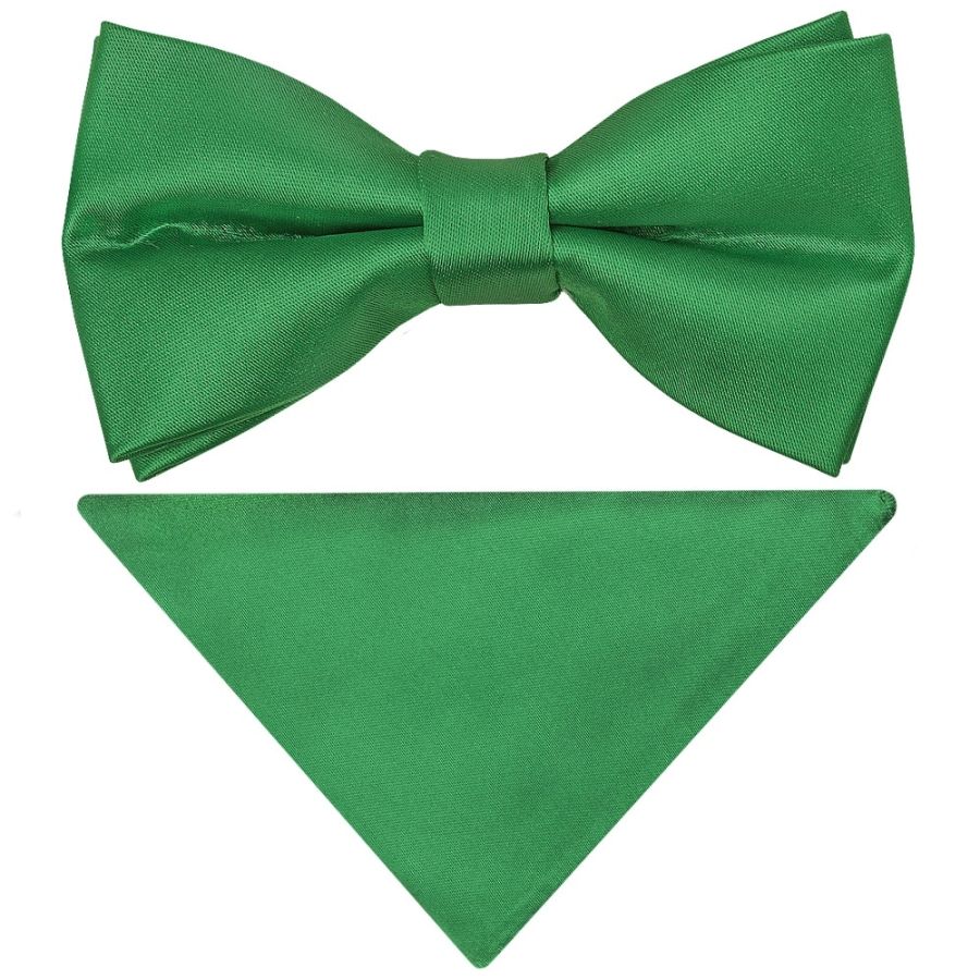 Pre Tied Emerald Green Satin Boys Bow Tie and Pocket Square Set