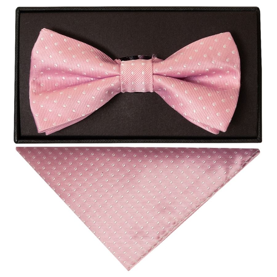 Handmade Pink And White Polka Dot Mens Bow Tie and Pocket Square Set