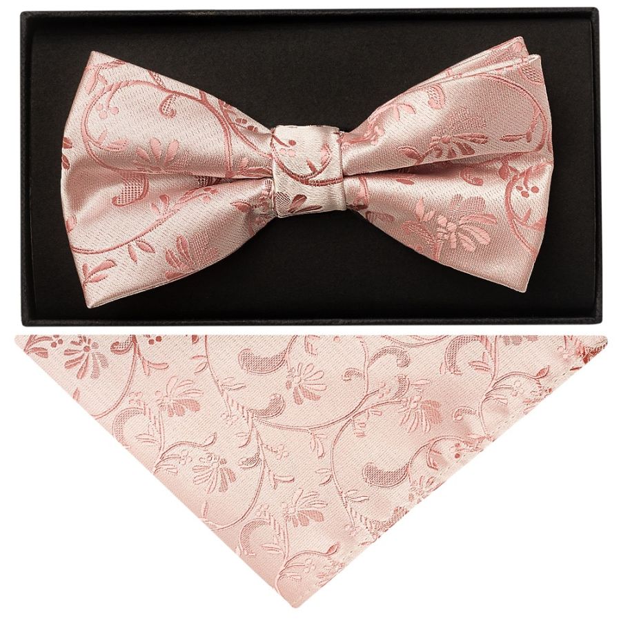 Rose Gold Floral Handmade Mens Bow Tie and Pocket Square Set