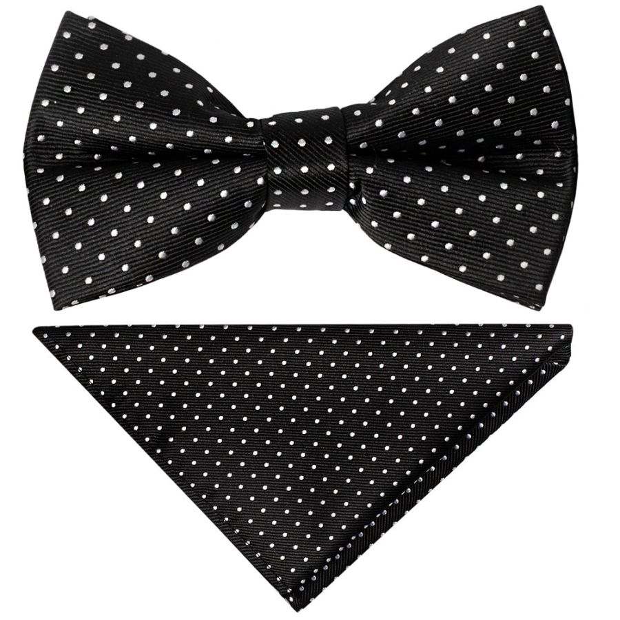 Pre Tied Black and White Polka Dot Boys Bow Tie and Pocket Square Set Age 4-7