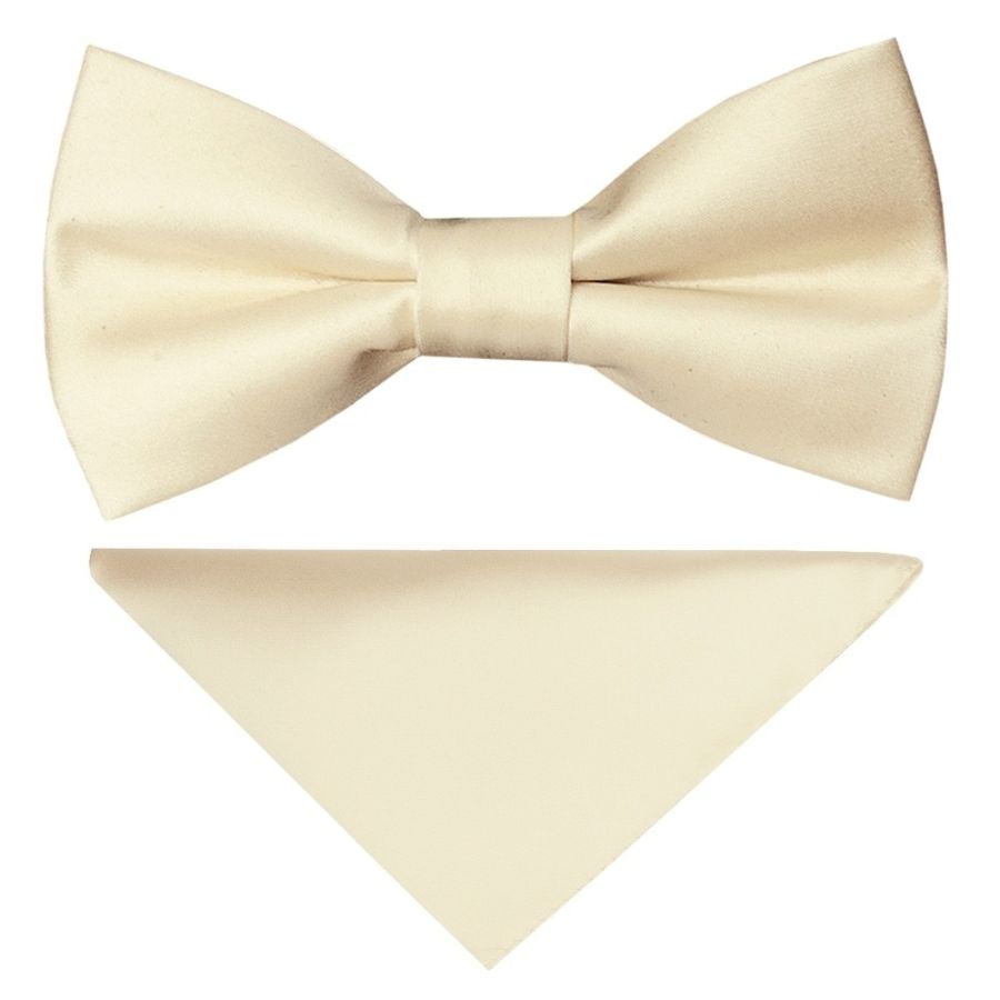 Pre Tied Ivory Satin Boys Bow Tie and Pocket Square Set Age 4-7
