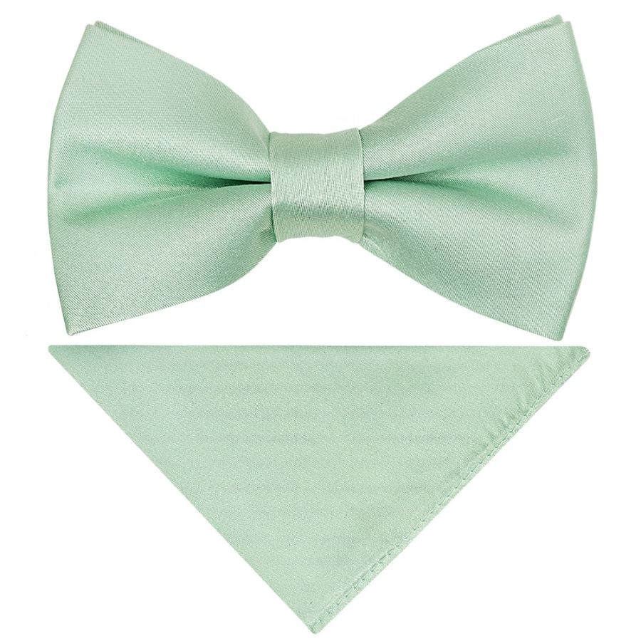 Pre Tied Moss Green Satin Silk Boys Bow Tie and Pocket Square Set