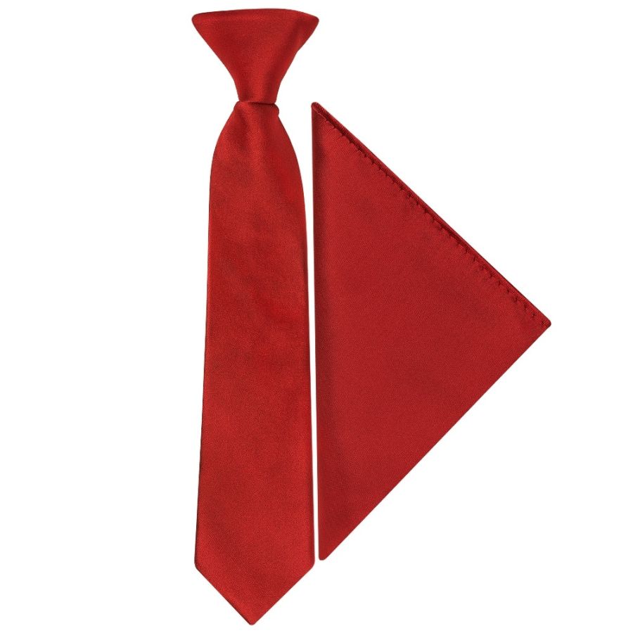 Pre Tied Scarlet Red Satin Boys Tie and Pocket Square Set Age 4-7