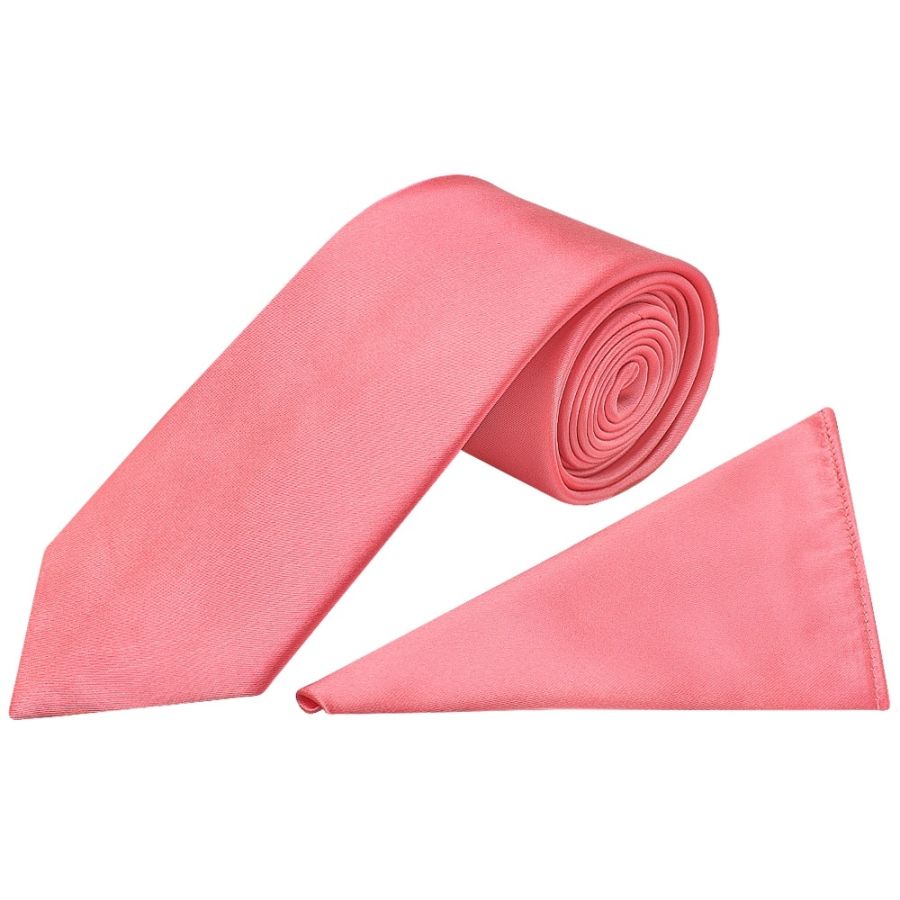 Plain Light Coral Pink Satin Classic Men's Tie and Pocket Square Set