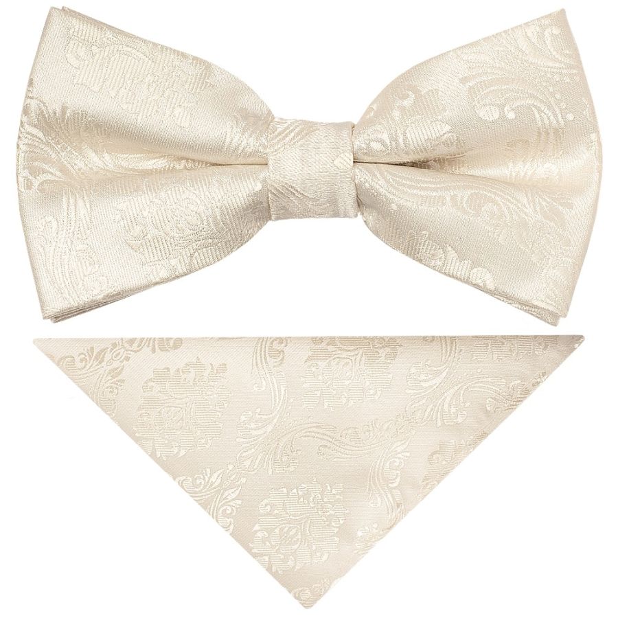 Pre Tied Ivory Paisley Boys Bow Tie and Pocket Square Set