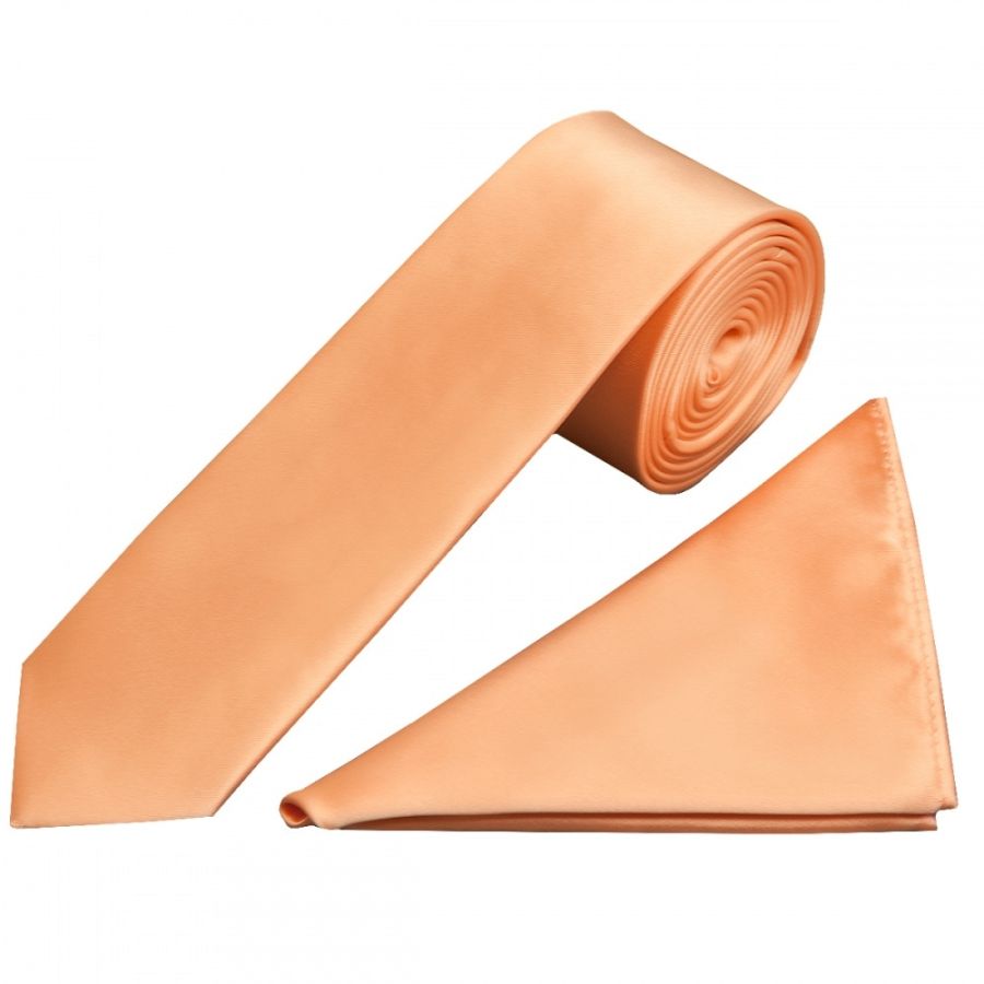 Plain Peach Satin Boys Tie and Pocket Square Set