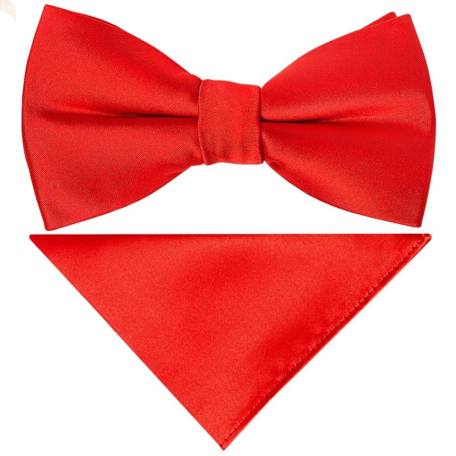 Pre Tied Bright Red Satin Boys Bow Tie and Pocket Square Set