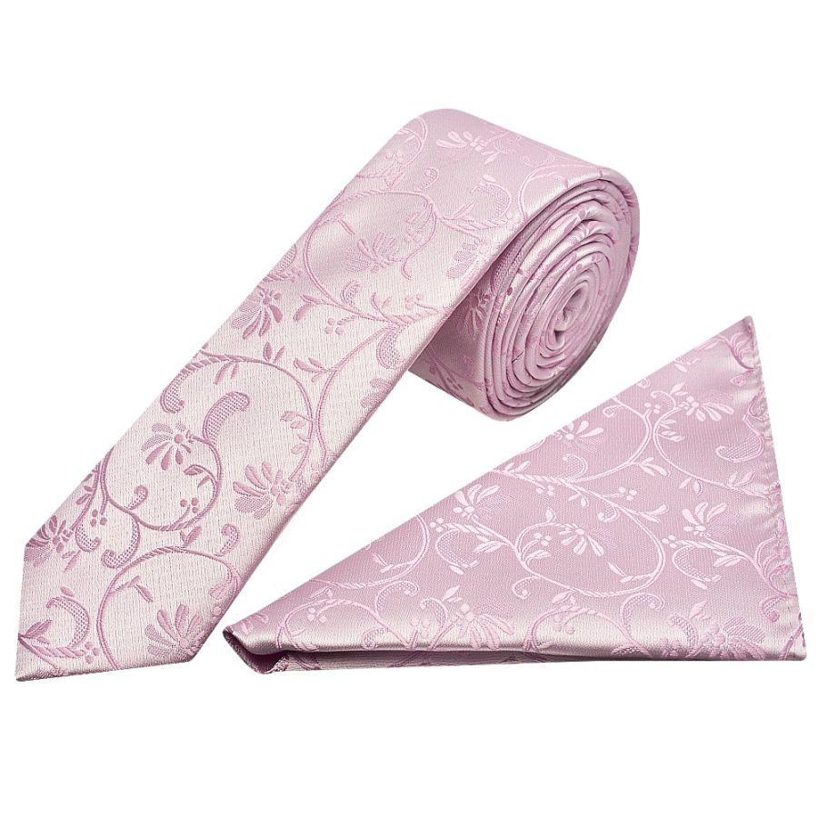 Light Dusty Pink Floral Skinny Boys Tie and Pocket Square Set