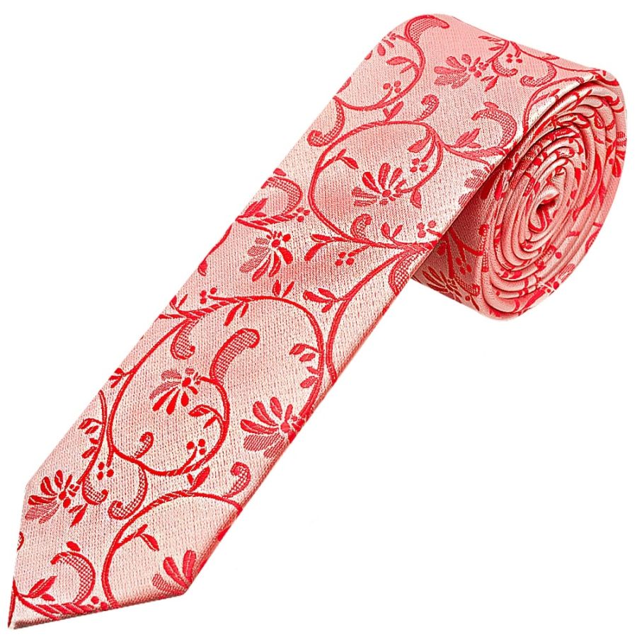 Coral Pink Floral Skinny Boys Tie