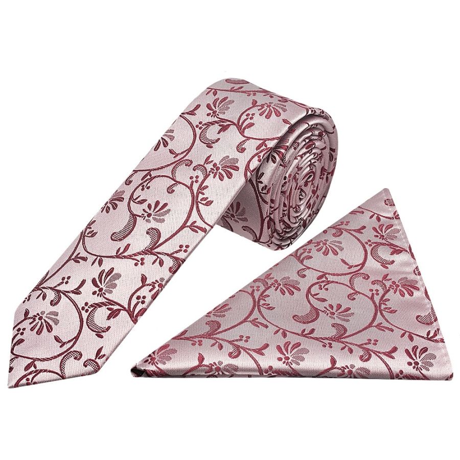 Burgundy Floral Skinny Boys Tie and Pocket Square Set