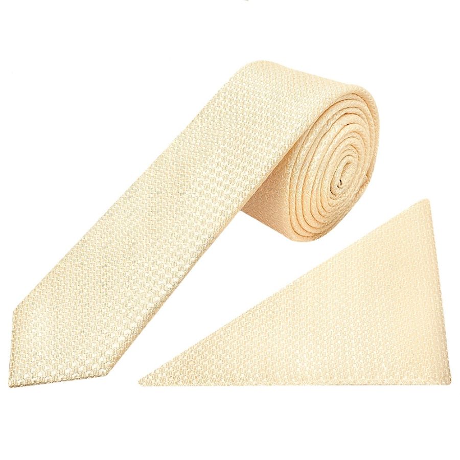 Ivory Textured Skinny Tie and Pocket Square Set