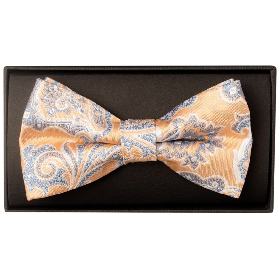 Peach and Blue Paisley Handmade Mens Bow Tie and Pocket Square Set
