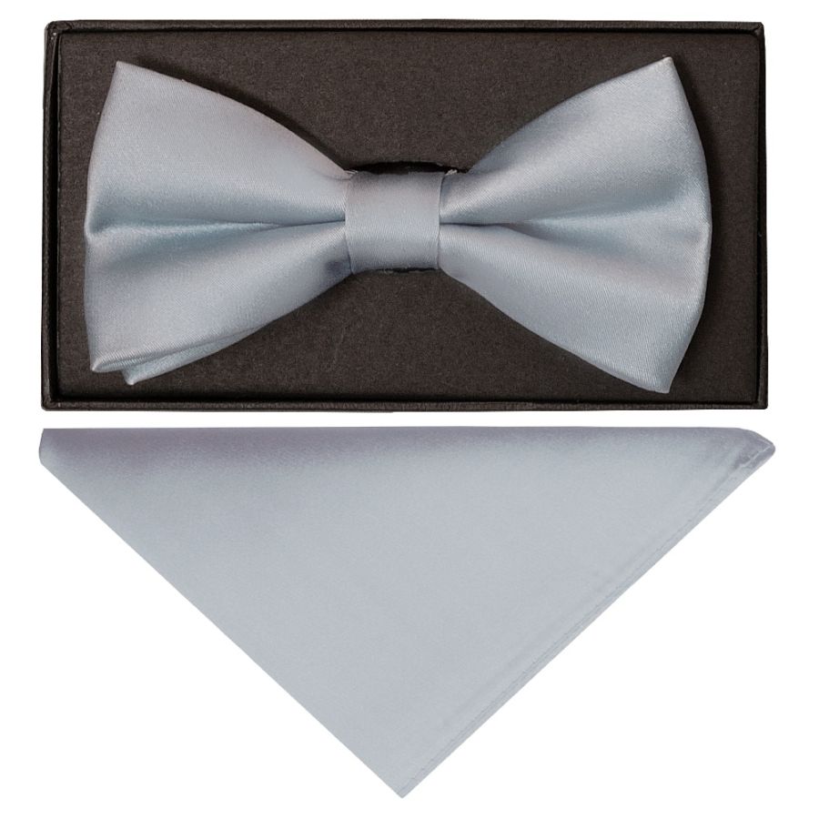 END OF SEASON STOCK Plain Light Blue Satin Silk Mens Bow Tie and Pocket Square Set