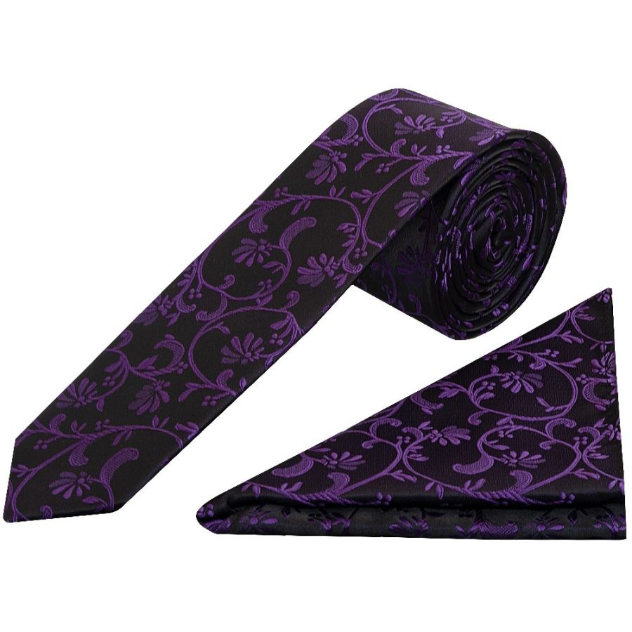 Black with Purple Floral Skinny Boys Tie and Pocket Square Set