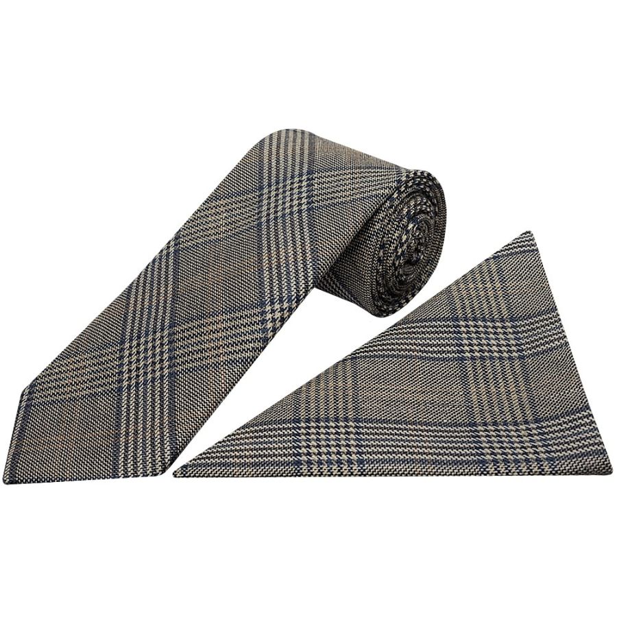 Mens Grey Prince of Wales Classic Tie and Pocket Square Set