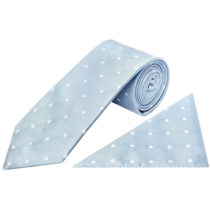 Light Blue Large White Spot Classic Men's Tie and Pocket Square Set