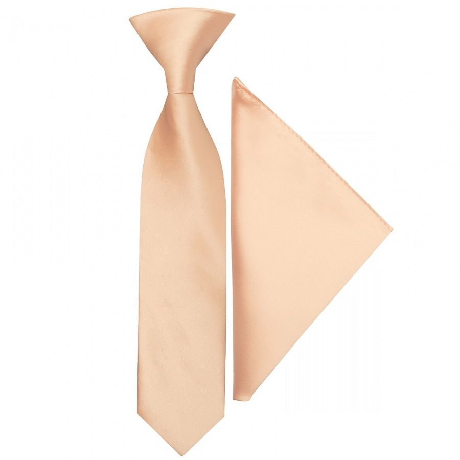 Pre Tied Light Peach Satin Boys Tie and Pocket Square Set Age 4-7