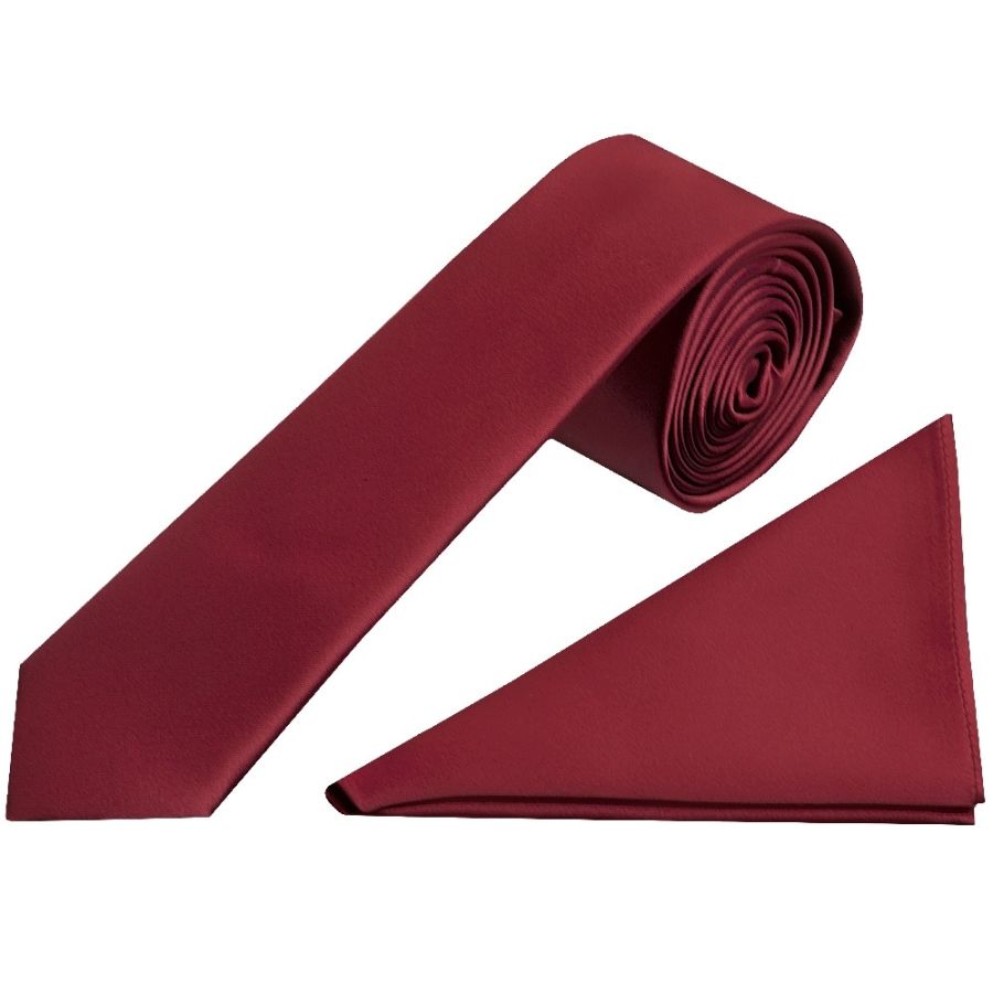 Plain Maroon Satin Skinny Men's Tie and Pocket Square Set