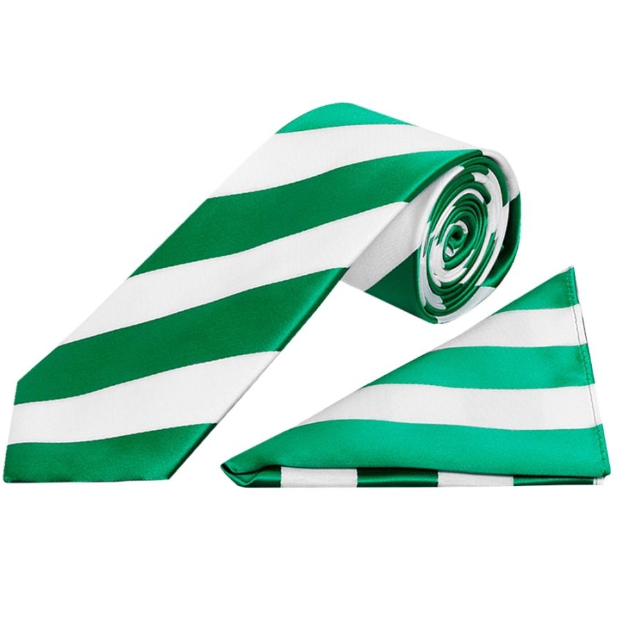 Green and White Striped Classic Men's Football Tie and Pocket Square Set
