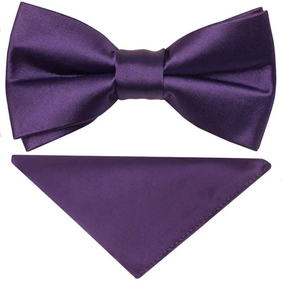 Pre Tied Purple Satin Boys Bow Tie and Pocket Square Set
