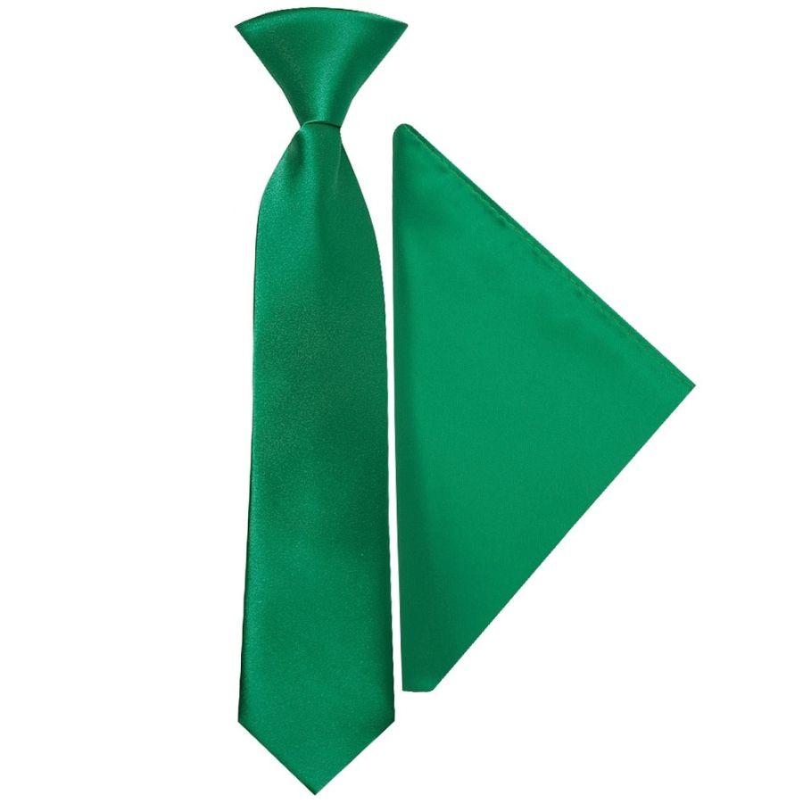 Pre Tied Emerald Green Satin Boys Tie and Pocket Square Set Age 4-7