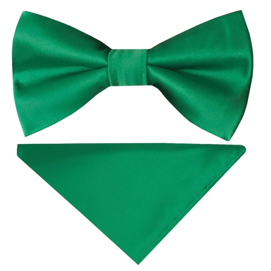 Pre Tied Emerald Green Satin Boys Bow Tie and Pocket Square Set