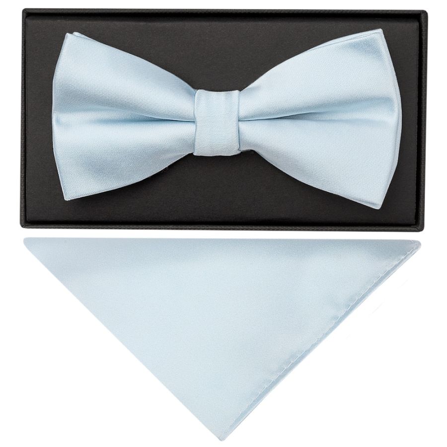 Plain Misty Blue Handmade Mens Bow Tie and Pocket Square Set