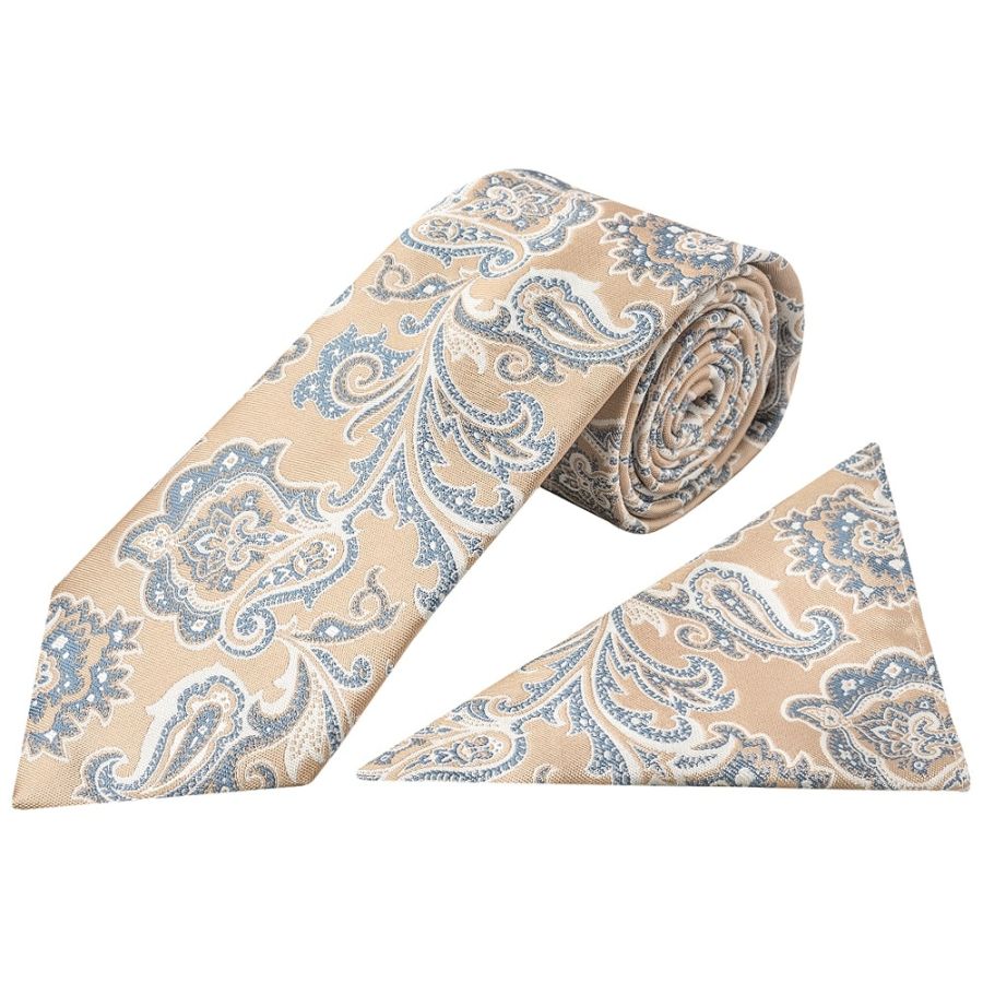 Champagne and Blue Paisley Classic Men's Tie and Pocket Square Set