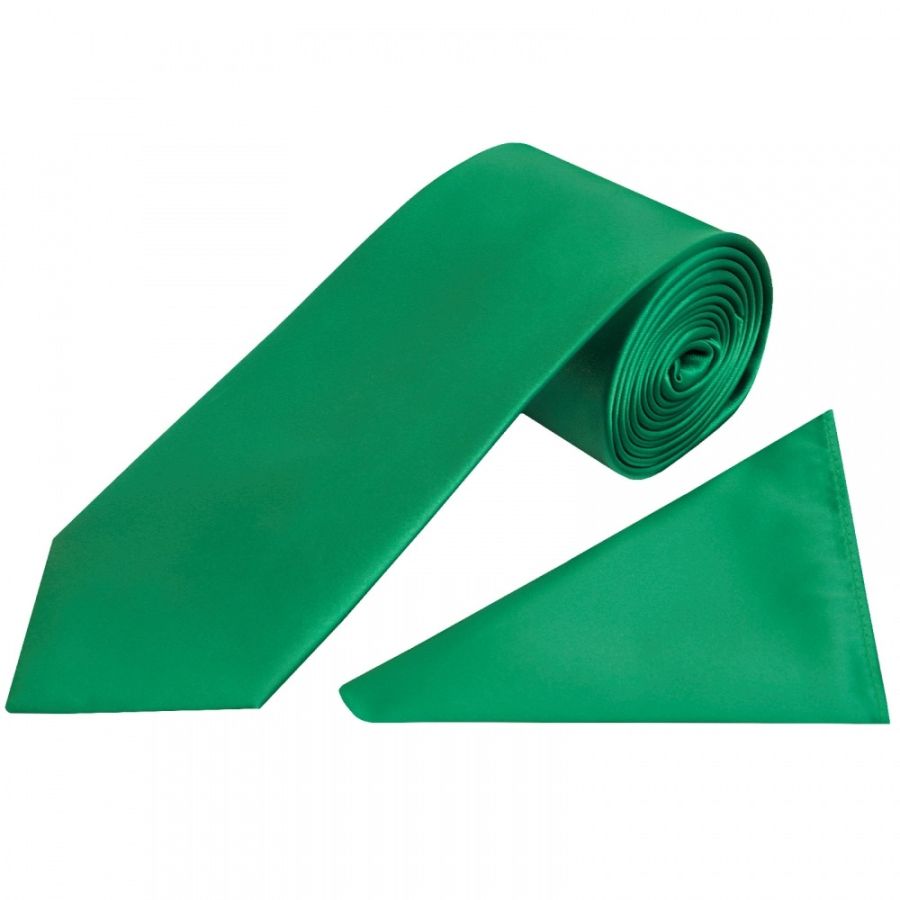 Plain Emerald Green Satin Classic Men's Tie and Pocket Square Set