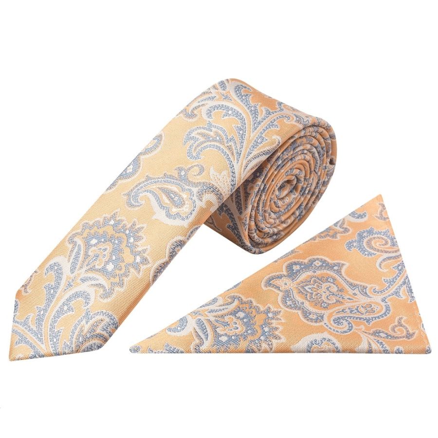 Peach and Blue Paisley Skinny Mens Tie and Pocket Square Set