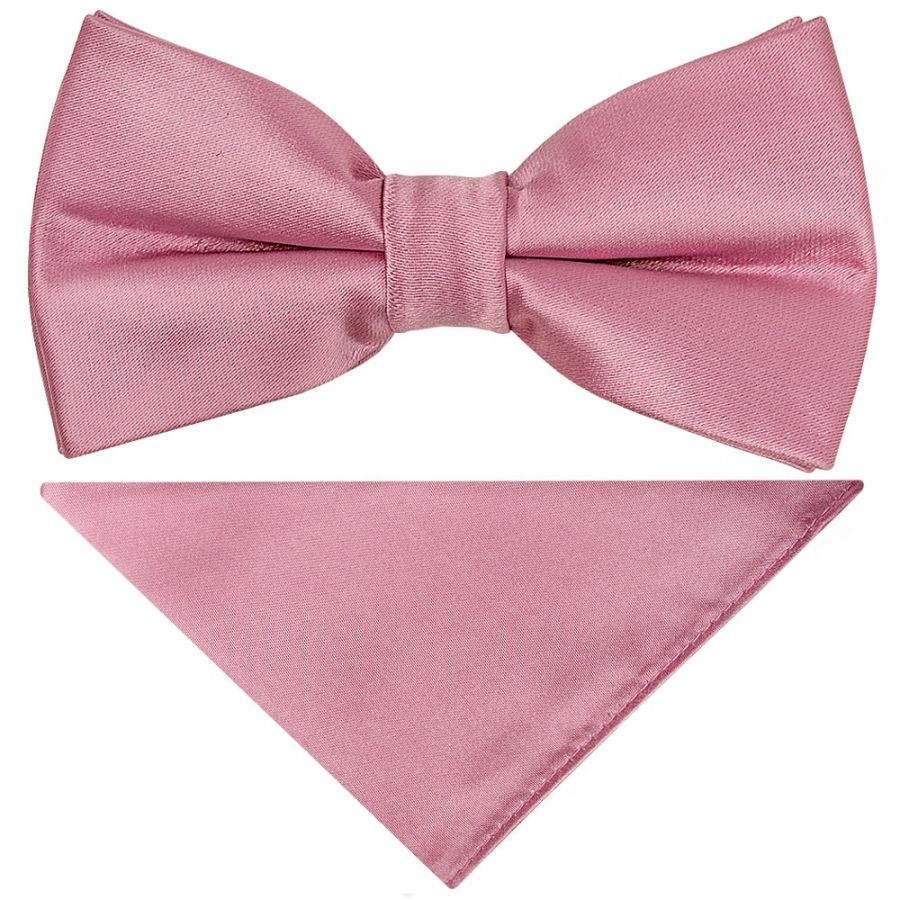 Pre Tied Dusty Pink Satin Boys Bow Tie and Pocket Square Set Age 4-7