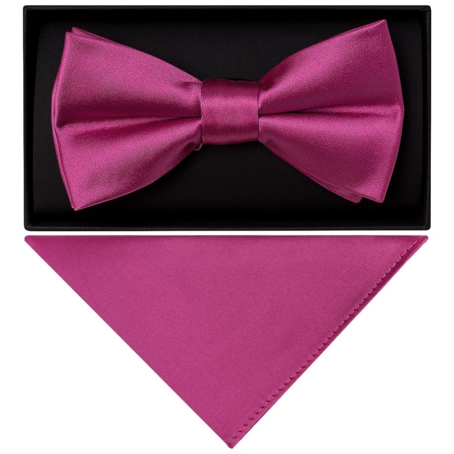 Plain Fuchsia Pink Handmade Mens Bow Tie and Pocket Square Set