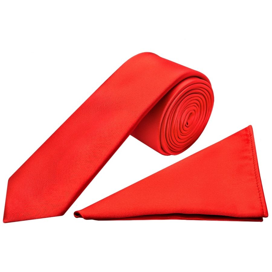 Plain Bright Red Satin Skinny Men's Tie and Pocket Square Set