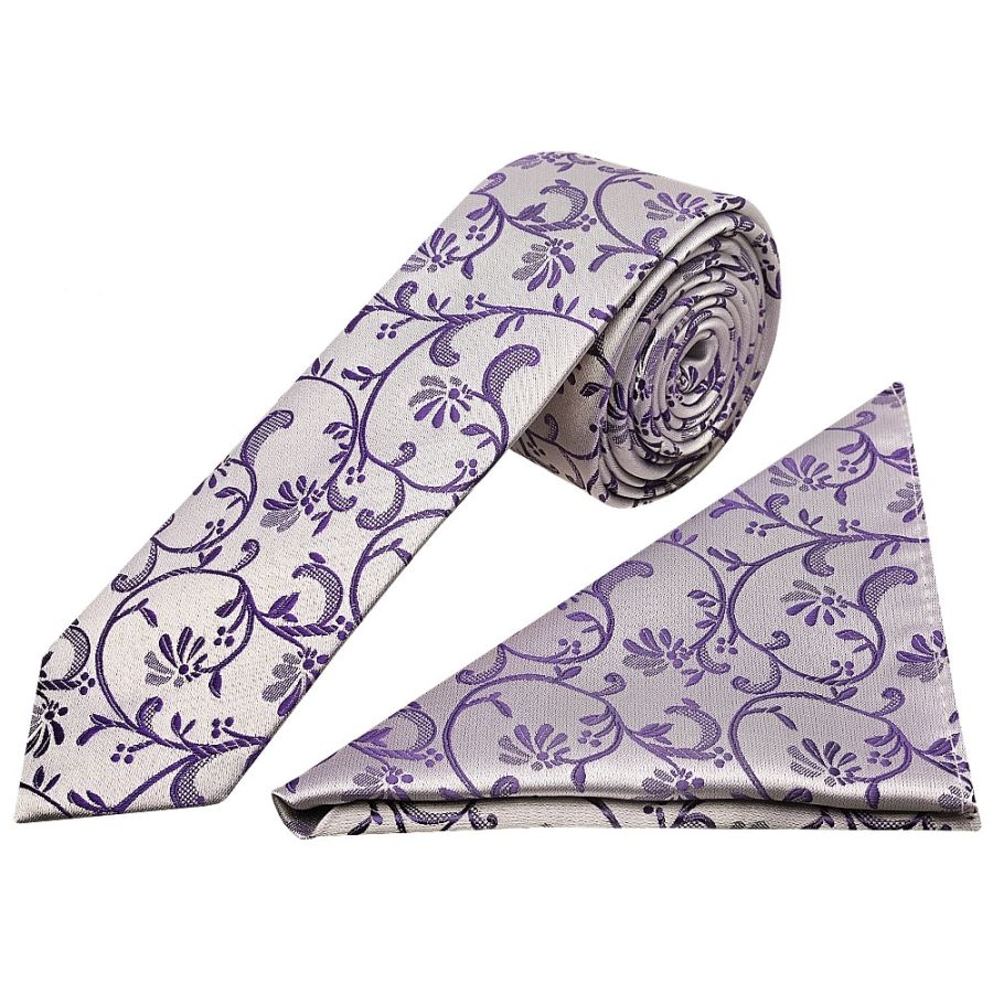 Purple Floral Skinny Boys Tie and Pocket Square Set