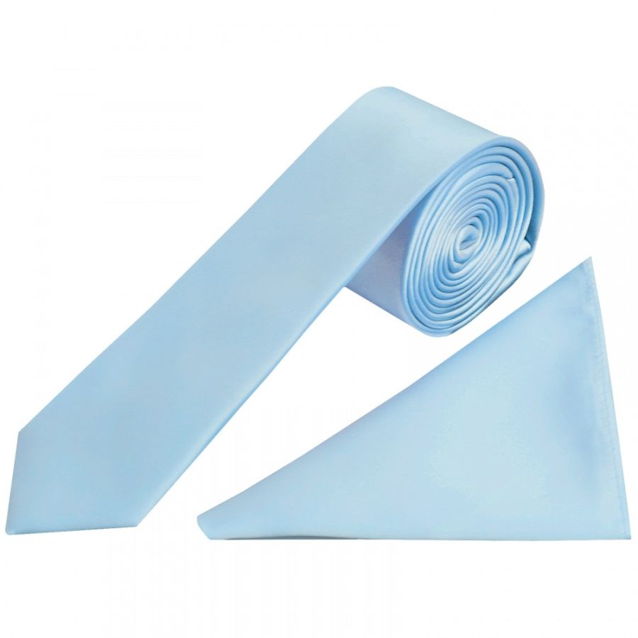 Plain Sky Blue Satin Skinny Boys Tie and Pocket Square Set