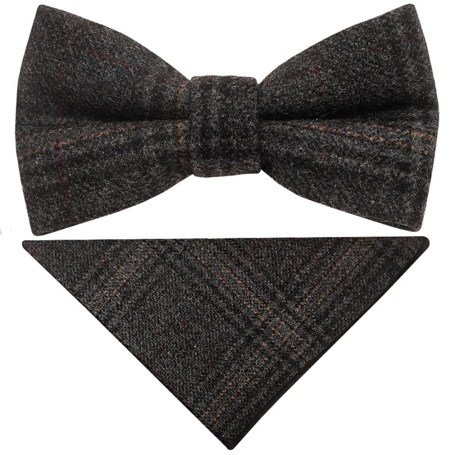 Pre Tied Dark Grey Check Tweed Boys Bow Tie and Pocket Square Set