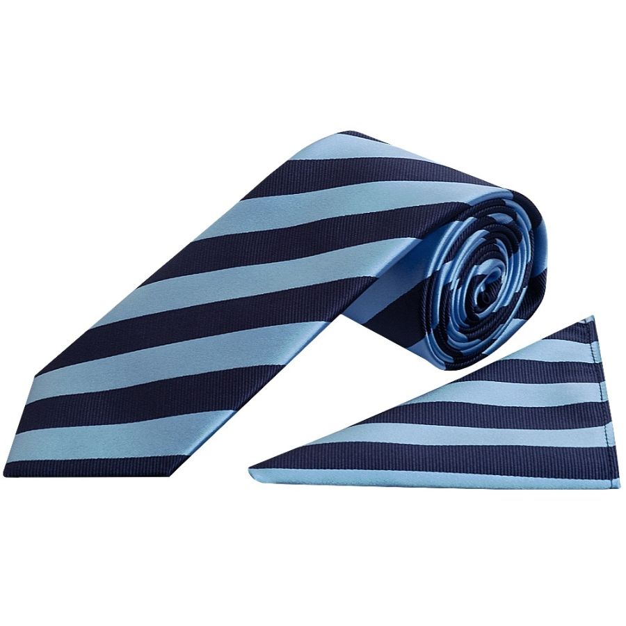 Navy and Light Blue Striped Classic Men's Tie and Pocket Square Set