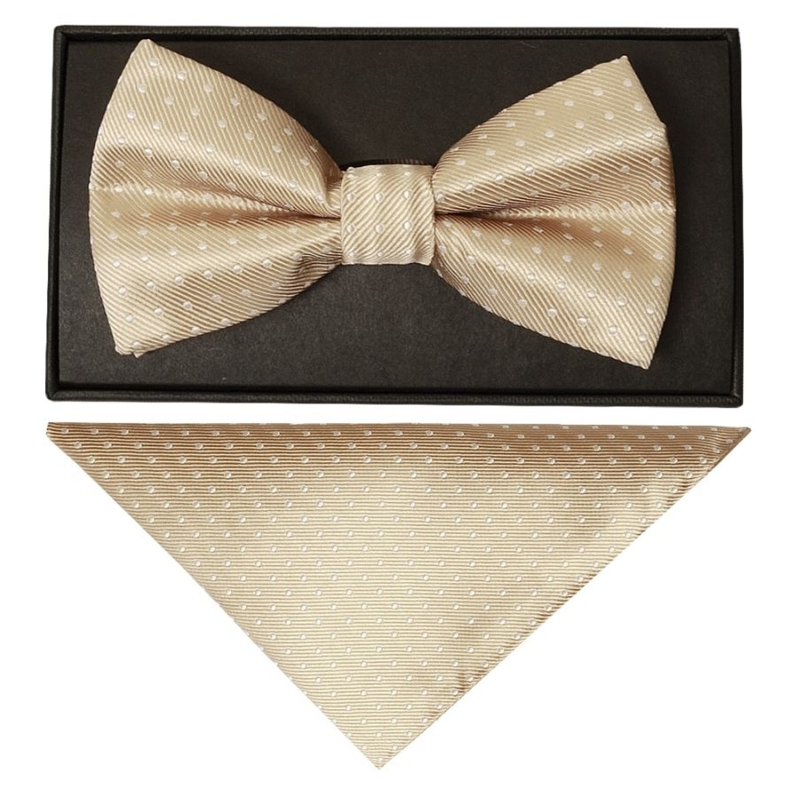 Handmade Champagne And White Polka Dot Mens Bow Tie and Pocket Square Set