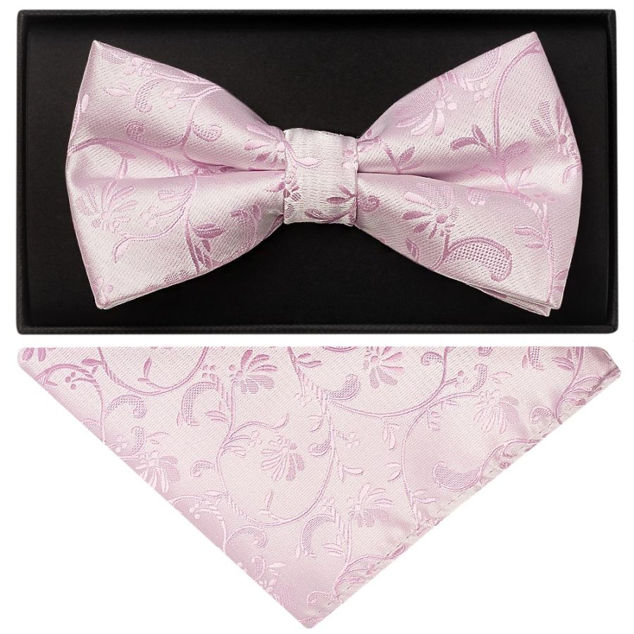 Light Dusty Pink Floral Handmade Mens Bow Tie and Pocket Square Set